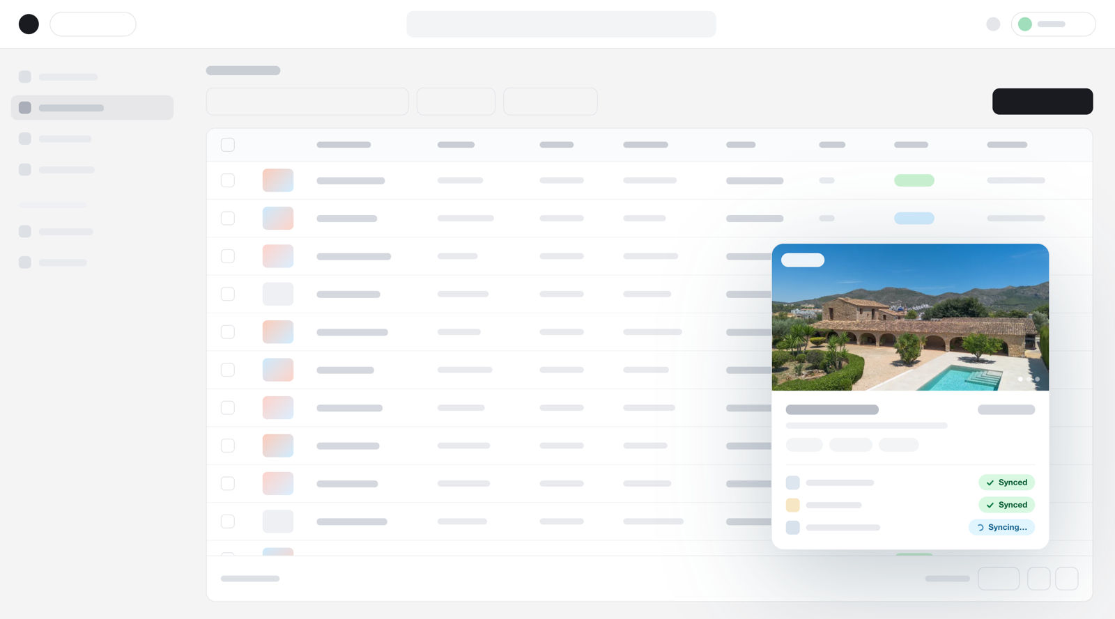 The Sonnco listings view with a property detail panel showing live sync status.