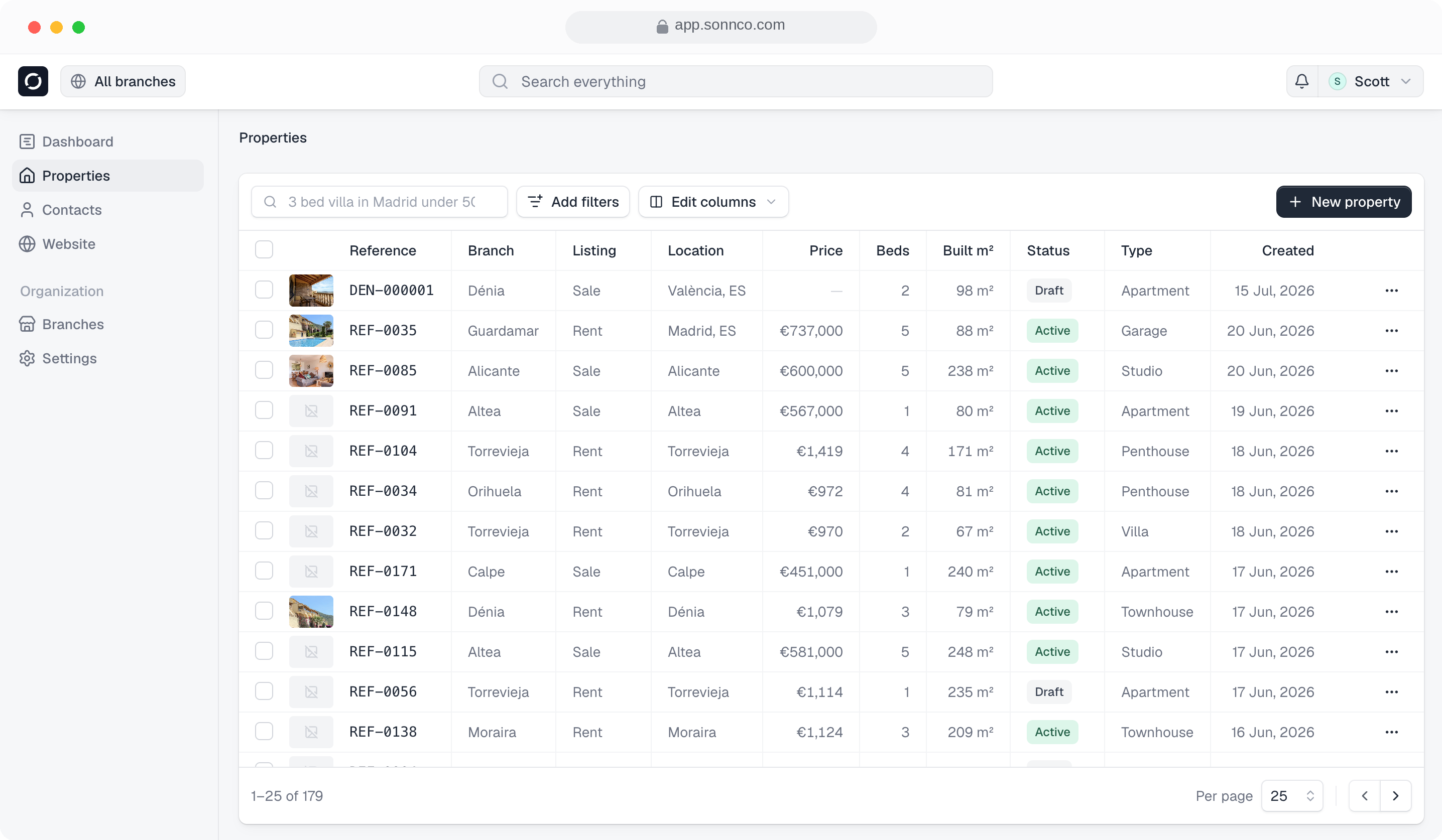The Sonnco workspace showing the client pipeline and listing details.